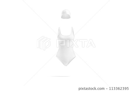 Blank white one-piece swimsuit with swim cap mockuo, front view 113362395