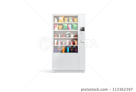 Blank white vending machine with snacks and drinks mockup, isolated Blank white vending machine with snacks and drinks mockup, isolated 113362397
