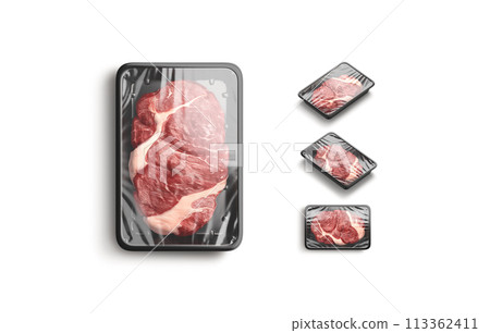 Blank transparent plastic tray with beef mockup, different sides Blank transparent plastic tray with beef mockup, different sides 113362411