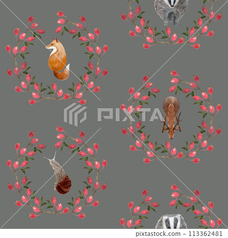 Stag, fox, badger, snail rose-hip wreath watercolor seamless pattern on grey 113362481