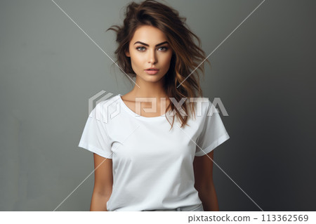 Young beautiful woman in white T-shirt mockup Young beautiful woman in white T-shirt mockup 113362569