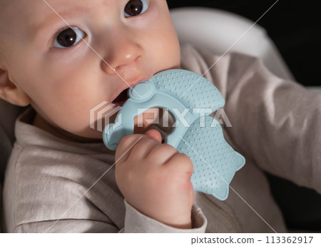 One year old caucasian boy with silicone cooling massager during teething. Itching of gums, massage and salivation during teething in children, stomatological 113362917