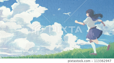 Summer. Illustration of a high school girl running towards her dream, with cumulonimbus clouds and a grassland 113362947