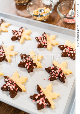 Preparing star-shaped cookies, half-dipped in chocolate, accented with peppermint chocolate chips for the holidays. Preparing star-shaped cookies, half-dipped in chocolate, accented with peppermint chocolate chips for the holidays. 113363094