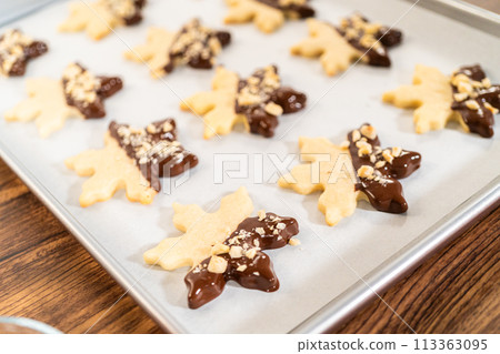 Creating cutout sugar cookies, partially dipped in chocolate and topped with hazelnut pieces, placed on parchment paper. Creating cutout sugar cookies, partially dipped in chocolate and topped with hazelnut pieces, placed on parchment paper. 113363095