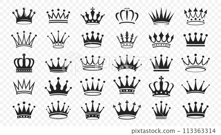 Crowns. Vector Black Monochrome Crown Icon Set. Collection of Crown Silhouettes 113363314