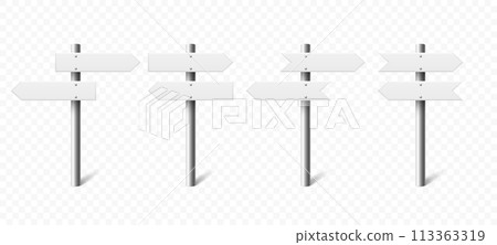 Realistic Sign Post Set. Realistic Blank Road Signboard. Plywood Pointer, Timber, Directional Sign Design Template, Front View. Vector Illustration in 3D Style Realistic Sign Post Set. Realistic Blank Road Signboard. Plywood Pointer, Timber, Directional Sign Design Template, Front View. Vector Illustration in 3D Style 113363319