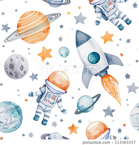 watercolor seamless pattern with space rocket, planets and astronaut. cute drawing for children, cartoon. 113363357