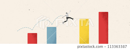 Banner. Contemporary art collage. Young guy, motivated worker jumps from low columns of chart to higher ones as up career ladder. Banner. Contemporary art collage. Young guy, motivated worker jumps from low columns of chart to higher ones as up career ladder. 113363387