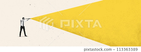 Banner. Contemporary art collage. Employee, man with telescope looking into distance to find new high-paying job. 113363389