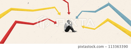 Banner. Contemporary art collage. Downward multicolored arrows of graphs that fall on man in monochrome filter. Banner. Contemporary art collage. Downward multicolored arrows of graphs that fall on man in monochrome filter. 113363390