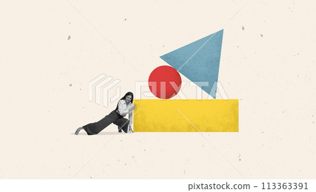Contemporary art collage. Girl dressed in casual outfit trying to move bunch of large geometric shapes, symbolizing tasks and duties. Contemporary art collage. Girl dressed in casual outfit trying to move bunch of large geometric shapes, symbolizing tasks and duties. 113363391