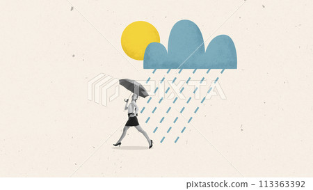 Contemporary art collage. Girl, business lady with umbrella runs in rain to work. Drawn style. Monochrome. Contemporary art collage. Girl, business lady with umbrella runs in rain to work. Drawn style. Monochrome. 113363392