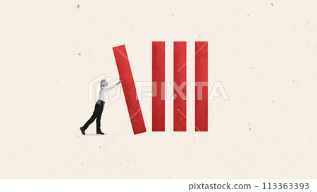 Contemporary art collage. Businesswoman trying to correct columns of red graph against vintage background. 113363393