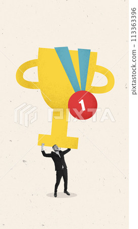 Contemporary art collage. Joyful guy, holding big golden cup with medal. Achieving goals. Success in business. Contemporary art collage. Joyful guy, holding big golden cup with medal. Achieving goals. Success in business. 113363396