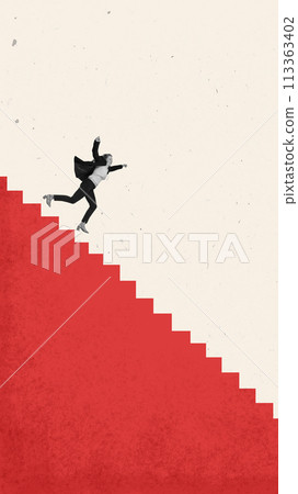 Contemporary art collage. Girl, employee with experience suddenly falls down red ladder symbolizing career growth. Contemporary art collage. Girl, employee with experience suddenly falls down red ladder symbolizing career growth. 113363402