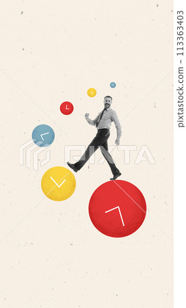 Contemporary art collage. Successful businessman walks merrily on multicolored clock. Burning deadlines. 113363403