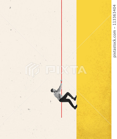 Contemporary art collage. Motivation. Man, employee climbs up holding on to red rope, approaches goal. Contemporary art collage. Motivation. Man, employee climbs up holding on to red rope, approaches goal. 113363404