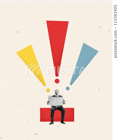 Contemporary art collage. Experienced businessman, surprised, sits and reads newspaper by three big exclamation marks. Search for workers. Contemporary art collage. Experienced businessman, surprised, sits and reads newspaper by three big exclamation marks. Search for workers. 113363405