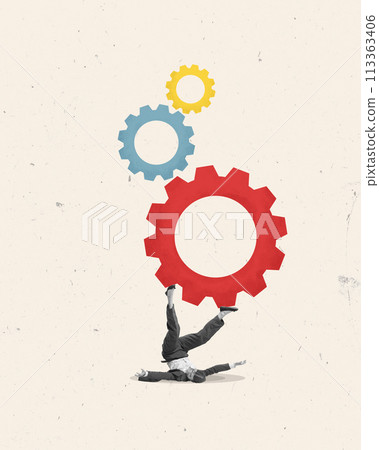 Contemporary art collage. Girl lies upside down and moves colorful mechanism with gears against beige background. Monochrome. Contemporary art collage. Girl lies upside down and moves colorful mechanism with gears against beige background. Monochrome. 113363406