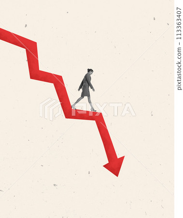 Contemporary art collage. Girl, business lady steps down red arrow of graphic on beige background. Vintage design. Contemporary art collage. Girl, business lady steps down red arrow of graphic on beige background. Vintage design. 113363407