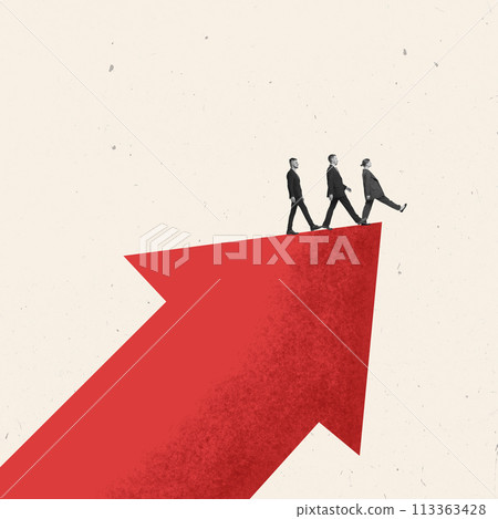 Contemporary art collage. People, businessmen follow big red arrow symbolizing desire for development and career growth. 113363428