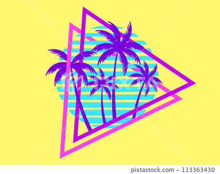 80s retro sci-fi palm trees on a sunset in triangular frame. Retro futuristic sun with palm trees. Synthwave and retrowave style. Design for advertising banners and posters. Vector illustration 113363430
