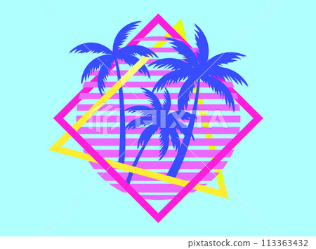 Retro sci-fi palm trees from the 80s at sunset in a square frame. Retro futuristic sun with palm trees. Synthwave and Retrowave style. Design of advertising banners and posters. Vector illustration 113363432