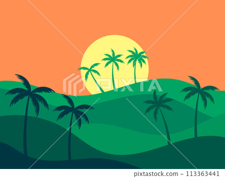 Landscape with palm trees at sunset. Wavy tropical landscape with green hills, sun and silhouettes of palm trees against the sun. Design for posters, banners and prints. Vector illustration 113363441