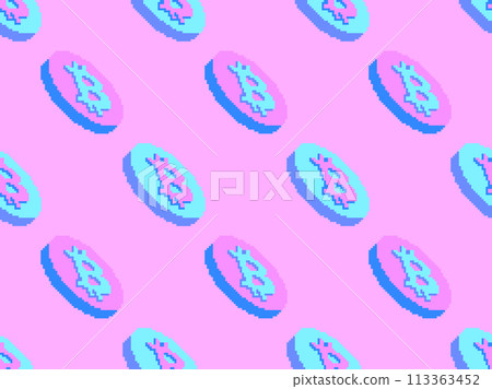Seamless pattern with gold coins and Bitcoin symbol in pixel art style. 3D coins in the style of 8-bit graphics of classic retro games. Design wallpapers, banners and posters. Vector illustration 113363452