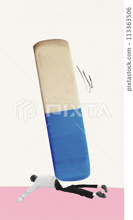Contemporary art collage. Huge rubber wipes lying businessman symbolizing leaving work and emotional burnout. 113363506