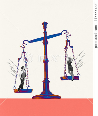 Contemporary art collage. Motivated, busy young man and overjoyed woman in headphones stands on scales. 113363528