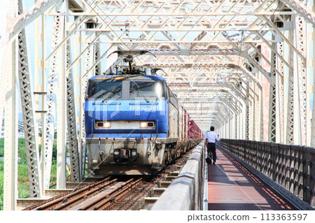 Freight train crossing the Akagawa Railway Bridge 113363597