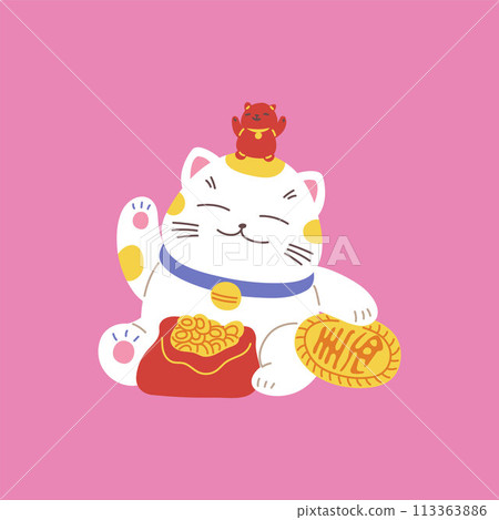 Japanese Maneki Neko with bag of golden coins and talisman on head, vector cartoon rich lucky cat wealth eastern symbol 113363886