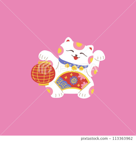 Maneki Neko, Japanese traditional cat figurine with a red lantern. 113363962