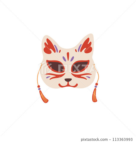 Japanese kitsune fox mask with tassels, vector traditional folk mystical animal face mask with red ornamental painting 113363993