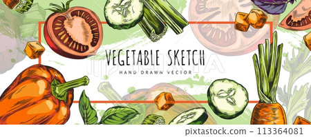 Dynamic vegetable sketch border vector 113364081