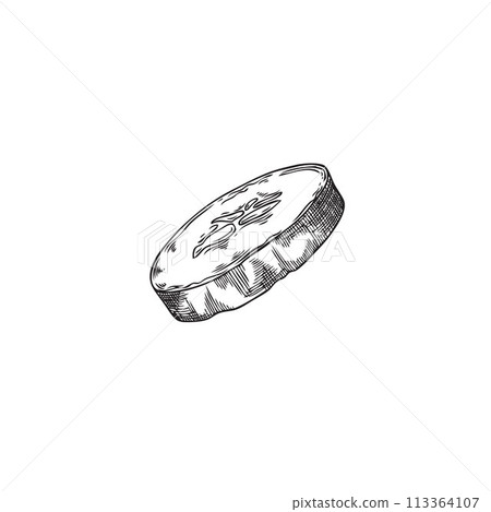 Vector black and white illustration of a cucumber slice. 113364107
