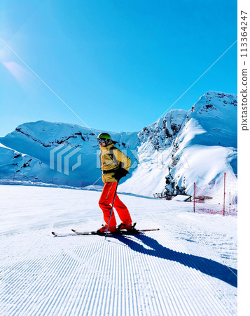 Skier Posing on Pristine Mountain Slopes Skier Posing on Pristine Mountain Slopes 113364247