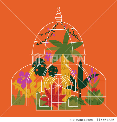 Illustration of growing tropical plant. Jungle and palm in greenhouse. Illustration of growing tropical plant. Jungle and palm in greenhouse. 113364286