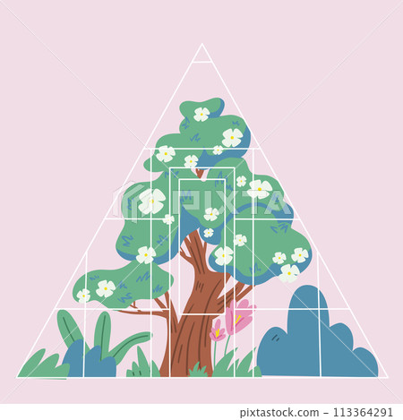 Illustration of blossom tree in garden. Gardening greenhouse in cartoon style. 113364291