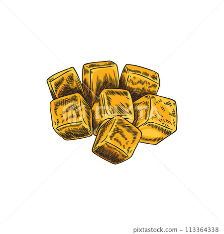 Fresh chopped mango in cubes hand drawn vector, tropical exotic tasty fruit, sweet mango pieces sketch, natural food 113364338