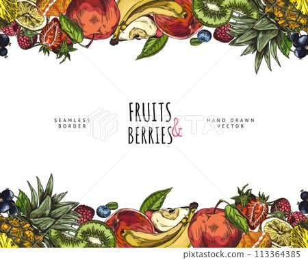 Seamless horizontal border with juicy tropical fruits and berries vector sketch, healthy vitamin natural food hand drawn 113364385