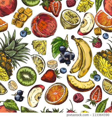 Seamless pattern with tropical fruits and juicy berries sketch, natural healthy vitamin food hand drawn vector design Seamless pattern with tropical fruits and juicy berries sketch, natural healthy vitamin food hand drawn vector design 113364390