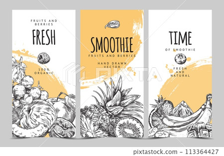 Tropical fruits and berries smoothie sketch on flyers vector design, organic natural food hand drawn on watercolor stain Tropical fruits and berries smoothie sketch on flyers vector design, organic natural food hand drawn on watercolor stain 113364427