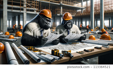A gorilla having a meeting while looking at blueprints at a construction site A gorilla having a meeting while looking at blueprints at a construction site 113364521