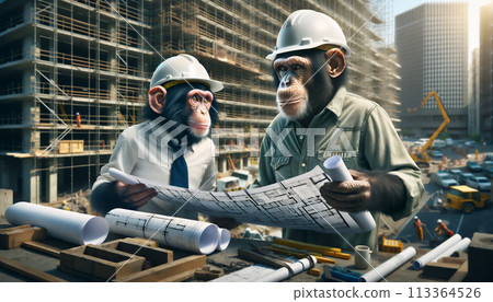 Chimpanzees having a meeting while looking at blueprints at a construction site 113364526