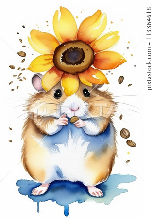 A charming hamster with a sunflower on its head, gnawing seeds, painted in watercolor A charming hamster with a sunflower on its head, gnawing seeds, painted in watercolor 113364618