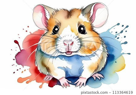 Colorful watercolor painting of a cute happy golden hamster, close up 113364619