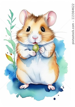 A charming hamster with a pumpkin seed in his hands, made in watercolor 113364622